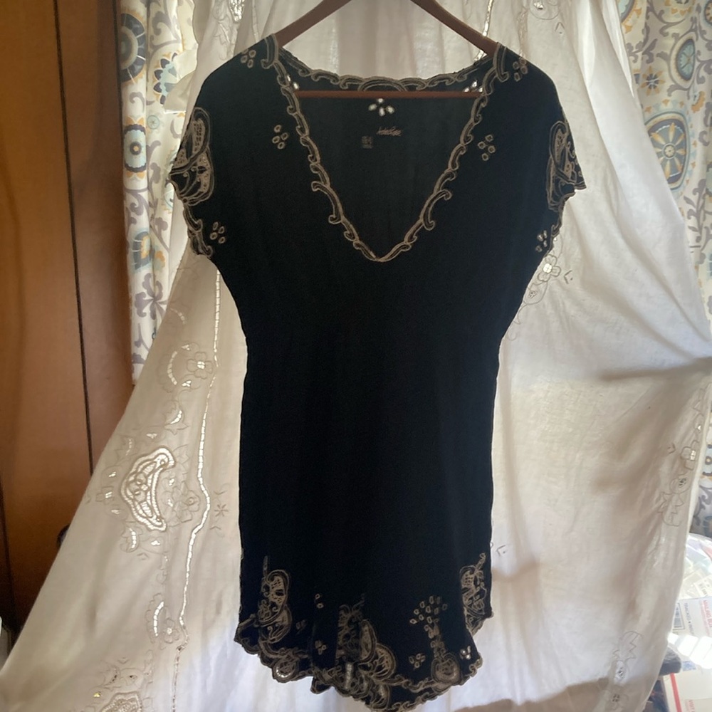 Mini dress in Navy blue with white embroidered trim by Aztec Rose